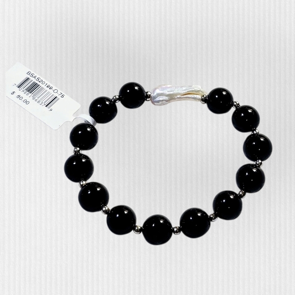 NWT Macy's Biwa Freshwater Pearl Stretch Bracelet Genuine Stone Bead Onyx - Picture 2 of 5